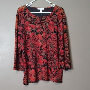 JM Collection Big Red/Orange Flowered Blouse W Embellishments Size L